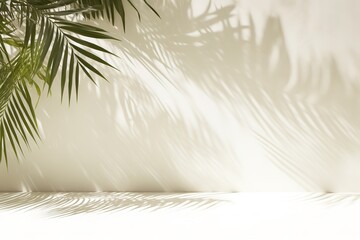 tropical palm foliage leaf sunlight shadow on white wall for hygiene organic cosmetic, skincare, beauty treatment product background