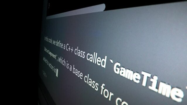 Closeup macro shot movement of coding script moving across LED screen with real-time AI-generated typing, showcasing advanced AI learning in optimization, debug and coding for software development.