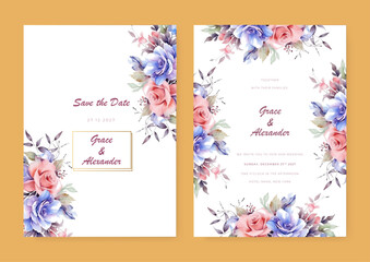 Modern wedding invitation template with romantic floral and leaves decoration