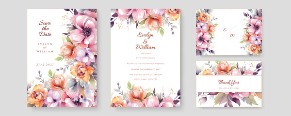 Fototapeta na wymiar Watercolor wedding invitation card template with pink and purple floral and leaves decoration
