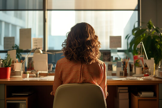 A Women Sitting In A Chair In Front Of A Desk In An Office, Back View