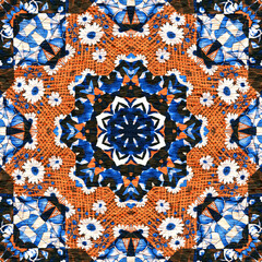 Indigo blue white vibrant watercolor batik azulejos tile background. Seamless coastal blur linen effect geometric mosaic effect.Boho Patchwork nautical masculine all over summer fashion repeat.