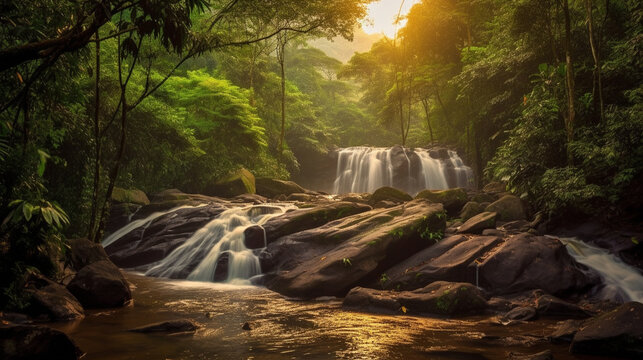 waterfall in the woods HD 8K wallpaper Stock Photographic Image