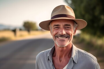 Studio portrait photography of a glad mature man wearing a stylish sun hat against a winding country road background. With generative AI technology