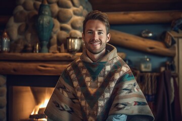 Lifestyle portrait photography of a glad boy in his 30s wearing a unique poncho against a cozy fireplace background. With generative AI technology