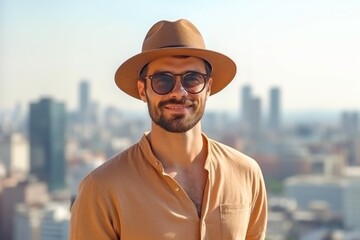 Medium shot portrait photography of a glad boy in his 30s wearing a stylish sun hat against a futuristic cityscape background. With generative AI technology