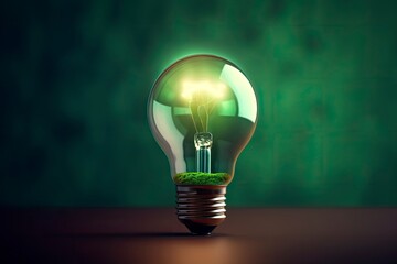 Green eco friendly lightbulb, green energy concept. Illustration of a green energy with light bulb and green. Creative ideas of earth day or save energy and environment concept. Renewable Energy.