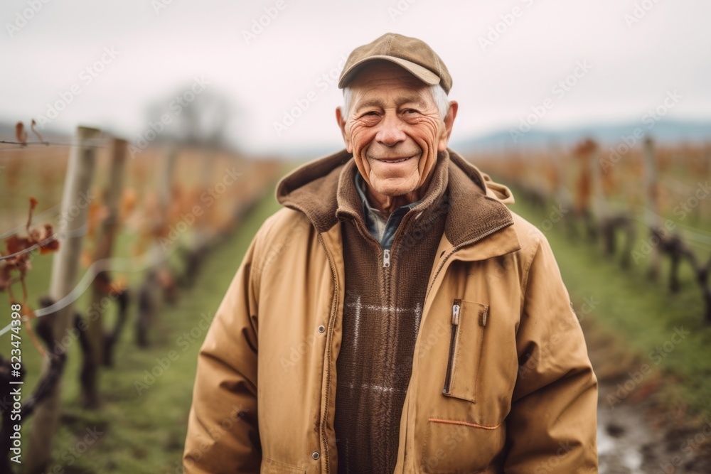 Wall mural Environmental portrait photography of a glad old man wearing a warm parka against a vineyard background. With generative AI technology