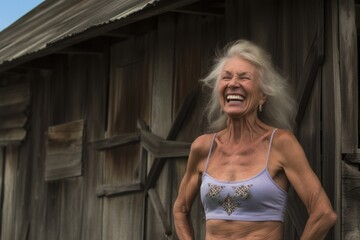 Environmental portrait photography of a grinning old woman wearing a daring bikini against a rustic farmhouse background. With generative AI technology