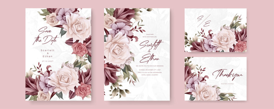 Floral wedding invitation card template design, colorful watercolor decorated with magnolia lili flora flowers on white
