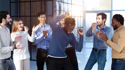 happy excited millennial employees shouting for joy, raising hands for emotional high fives. - Powered by Adobe
