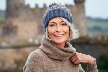 Three-quarter studio portrait photography of a glad mature woman wearing a cool cap against a medieval castle background. With generative AI technology