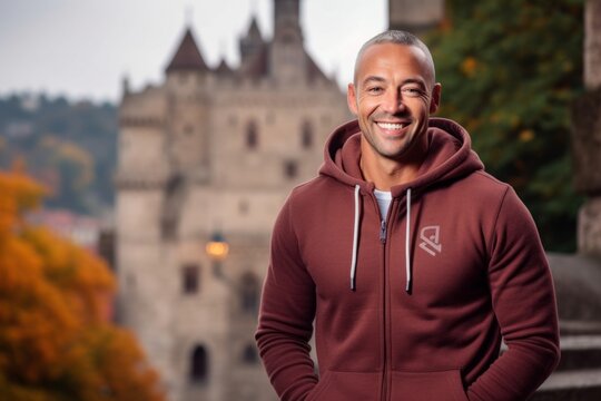 Sports portrait photography of a happy mature man wearing a cozy zip-up hoodie against a medieval castle background. With generative AI technology - Powered by Adobe