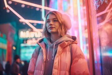 Obraz na płótnie Canvas Urban fashion portrait photography of a glad girl in her 30s wearing a warm parka against a vibrant festival background. With generative AI technology