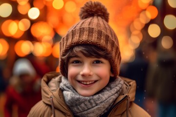 Medium shot portrait photography of a grinning kid male wearing a warm beanie or knit hat against a vibrant festival background. With generative AI technology