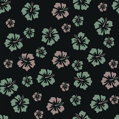 Seamless pattern of two toned shoes, black plant flowers on a dark background, for background, printing, fabric, fashion