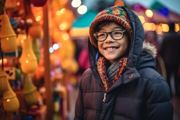 Lifestyle portrait photography of a tender boy in his 30s wearing a cozy winter coat against a vibrant festival background. With generative AI technology