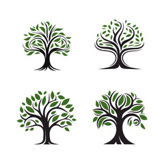 Set of green tree logo or icon isolated on white background