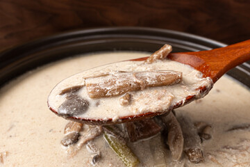 Beef perilla soup with taro stems and mushrooms