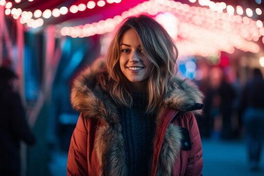 Urban fashion portrait photography of a glad girl in her 30s wearing a warm parka against a vibrant festival background. With generative AI technology