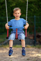 A little boy sits on a swing. Cute child playing on swing in backyard at countryside.