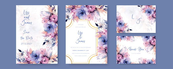 Wedding invitation with flowers Peony and leaves, watercolor, isolated on white. Vector Watercolour.