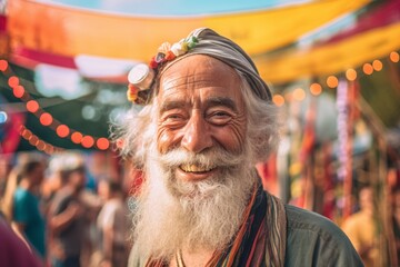 Lifestyle portrait photography of a grinning old man wearing a colorful neckerchief against a vibrant festival background. With generative AI technology