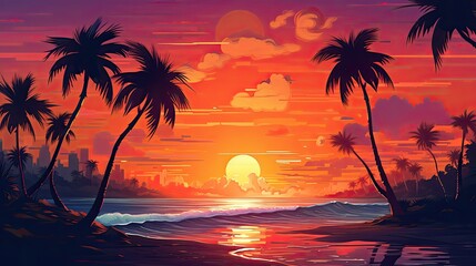 Tropical sunset on the beach with palm trees, vector illustration