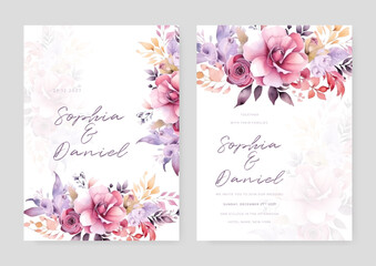 Fototapeta na wymiar Wedding invitation card template suit with elegant flowers and gold decoration. Roses and leaves botanic illustration for background, save the date, invitation, greeting card, poster vector