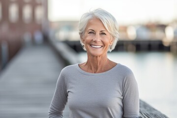 Three-quarter studio portrait photography of a satisfied mature woman wearing a casual t-shirt against a riverfront background. With generative AI technology