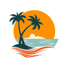 Fototapeta na wymiar Beach with coconut tree and sunset vector logo design