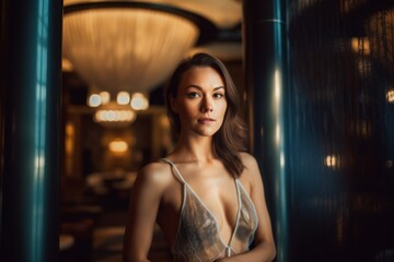 Obraz na płótnie Canvas Editorial portrait photography of a glad girl in her 30s wearing a intimate apparel against a swanky hotel lobby background. With generative AI technology