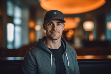 Lifestyle portrait photography of a glad boy in his 30s wearing a cool cap or hat against a swanky hotel lobby background. With generative AI technology