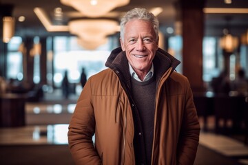 Obraz premium Environmental portrait photography of a grinning mature man wearing a cozy winter coat against a swanky hotel lobby background. With generative AI technology