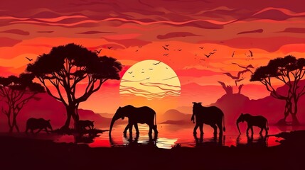 African sunset landscape with safari animals