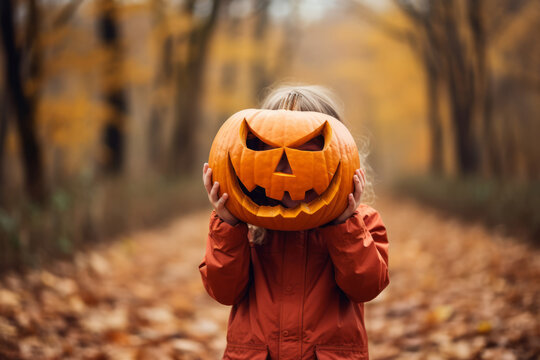 A child playing with a halloween carved pumpkin outdoors