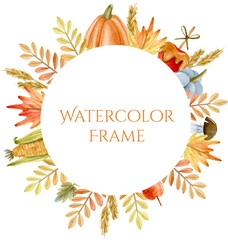 Watercolor autumn leaves round frame for invitation template