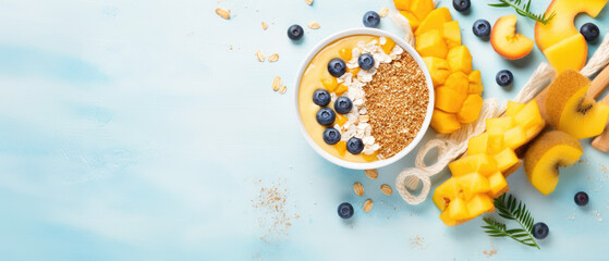 Quick and Healthy Breakfast Ingredients: Granola and Fruits on Blue Background. Top View, Flat Lay. Cooking Quick Healthy Breakfast Concept