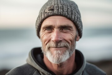 Close-up portrait photography of a satisfied mature man wearing a warm beanie against a serene beach background. With generative AI technology