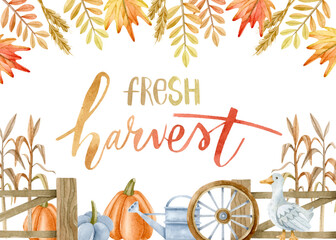 Fresh harvest watercolor frame with lettering, leaves, pumpkins and corn with fence
