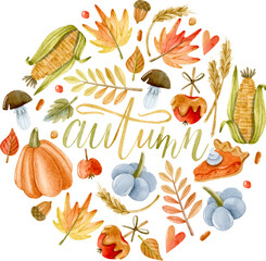 Autumn watercolor round illustration with lettering, leaves, corn and pumpkins