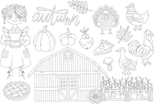 Autumn harvest, farm animals, barn with fence black outline clipart set for coloring page