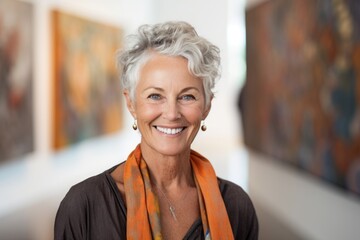 Headshot portrait photography of a happy mature girl wearing a chic cardigan against a modern art...