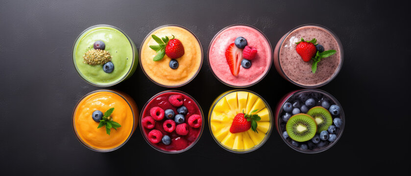 Refreshing Variety: Top View of Assorted Fresh Fruit Smoothies
