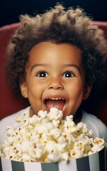 Naklejka premium A greedy and happy child eats popcorn with his mouth wide open