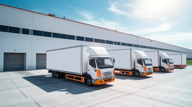 Freight trucks park in the warehouse. Logistics and goods storage concept. 