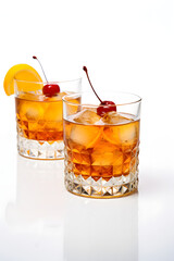 old fashioned cocktail garnished with orange twist peel and cherry isolated, white background