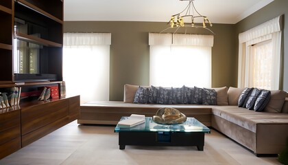 The stylish composition of the living room interior with a design sofa, coffee table, and elegant personal home accessories