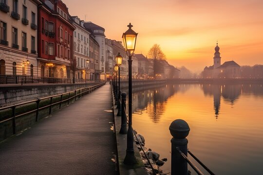 waterfront of the river uzh with lanterns