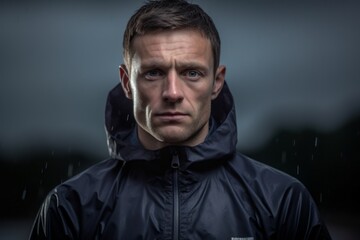 Headshot portrait photography of a glad boy in his 30s wearing a comfortable tracksuit against a dramatic thunderstorm background. With generative AI technology